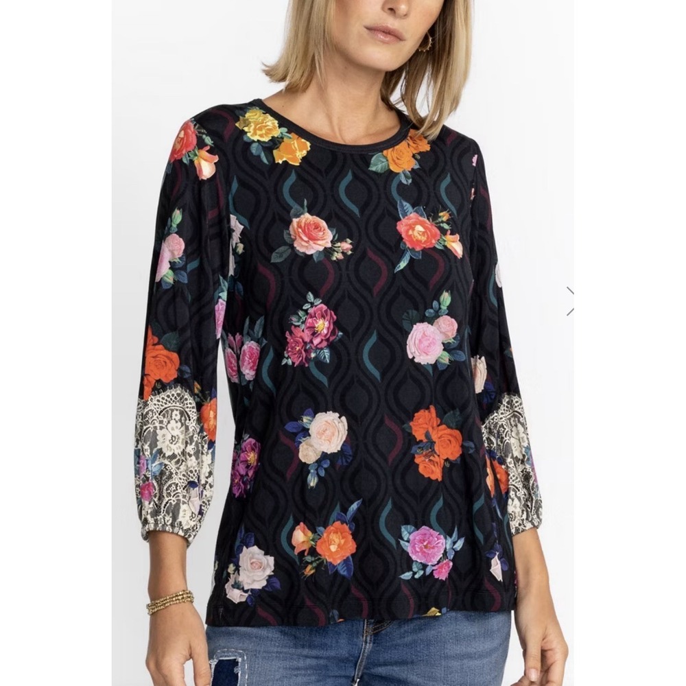 Johnny Was Rose Lace Puff Sleeve Top XL Black Geometric Floral Boho Blouse Tunic